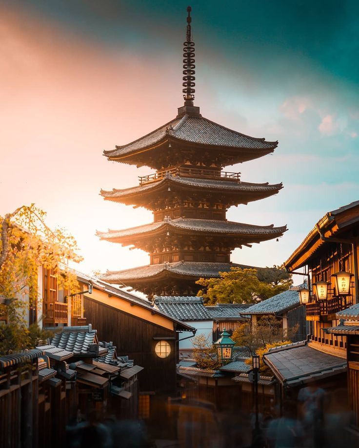 Gion district street with traditional wooden houses